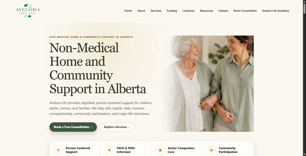 Avelora Life website homepage with its non-medical support introduction and consultation link