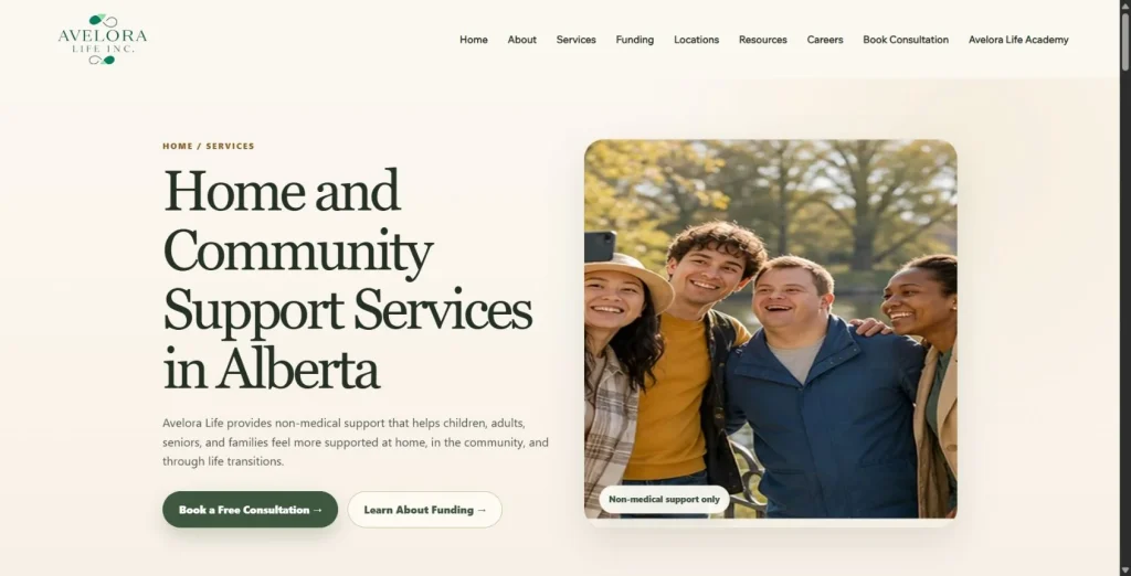 Avelora Life services page introducing home and community support in Alberta