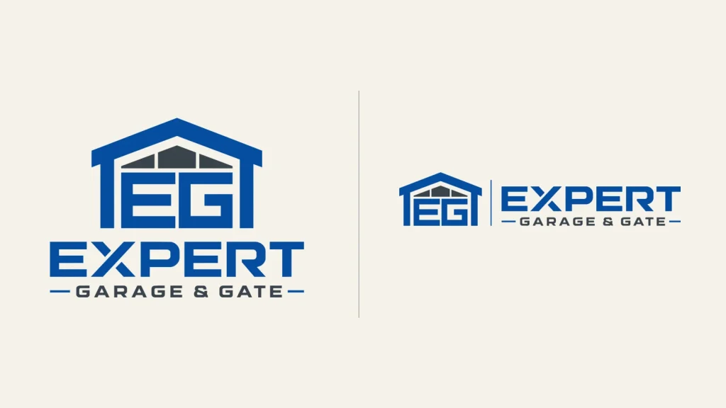 Expert Garage & Gate stacked and horizontal logos in blue and charcoal on ivory