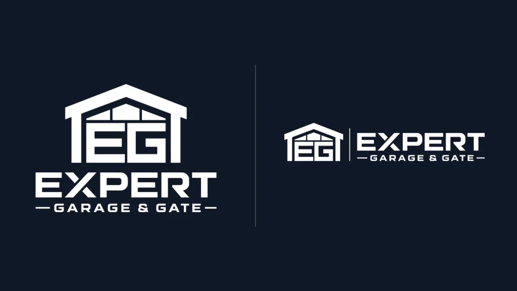 Expert Garage & Gate stacked and horizontal logos in white on navy