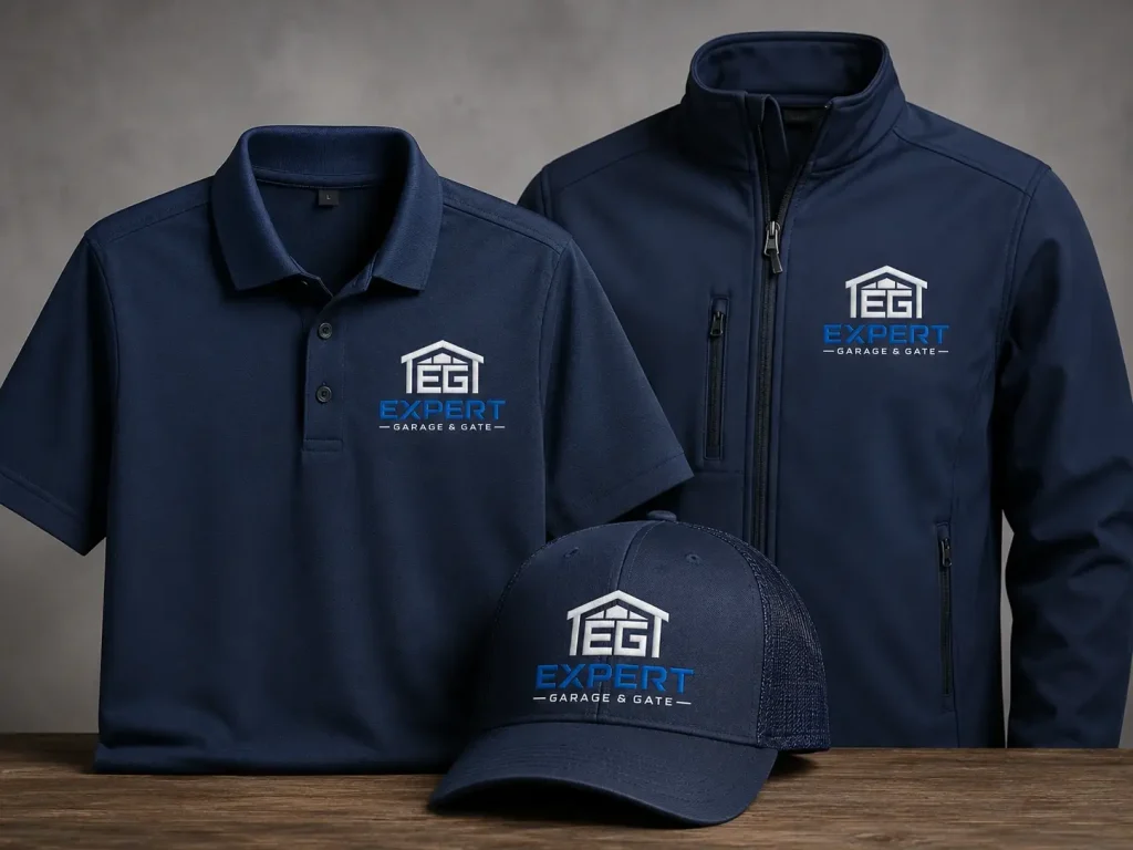Mockup of a navy polo, jacket and cap embroidered with the Expert Garage & Gate logo
