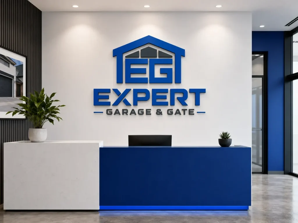 Mockup of the Expert Garage & Gate logo as a 3D wall sign above a reception desk