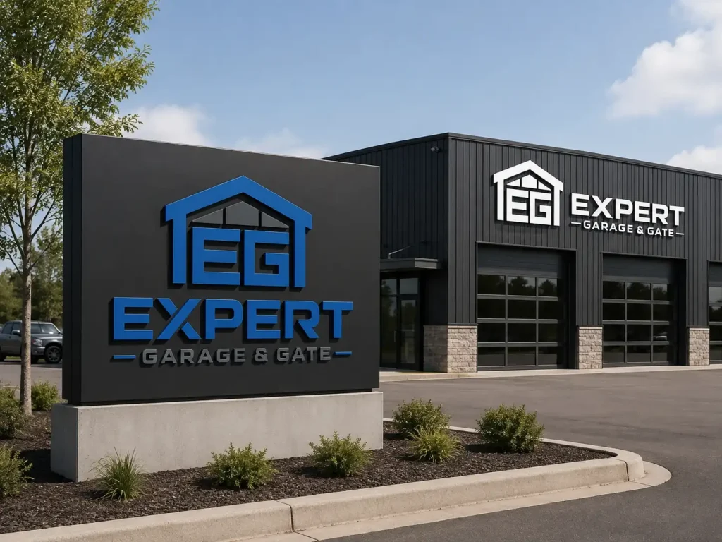 Mockup of an Expert Garage & Gate monument sign and building sign outside a garage door showroom