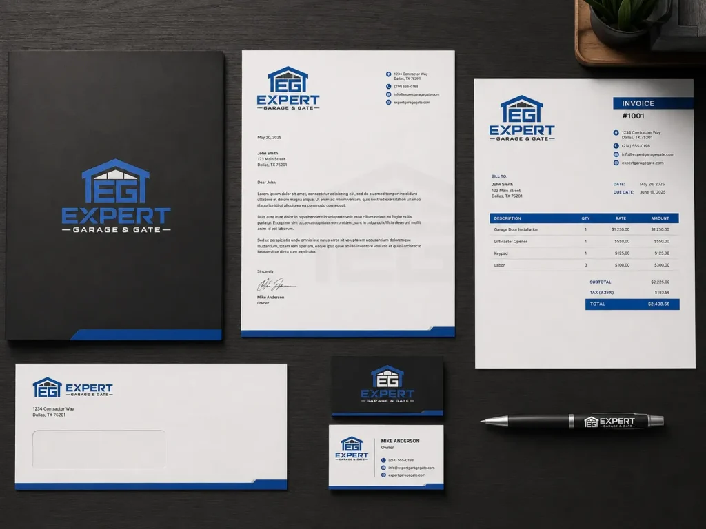 Mockup of Expert Garage & Gate letterhead, invoice, envelope, business cards, folder and pen