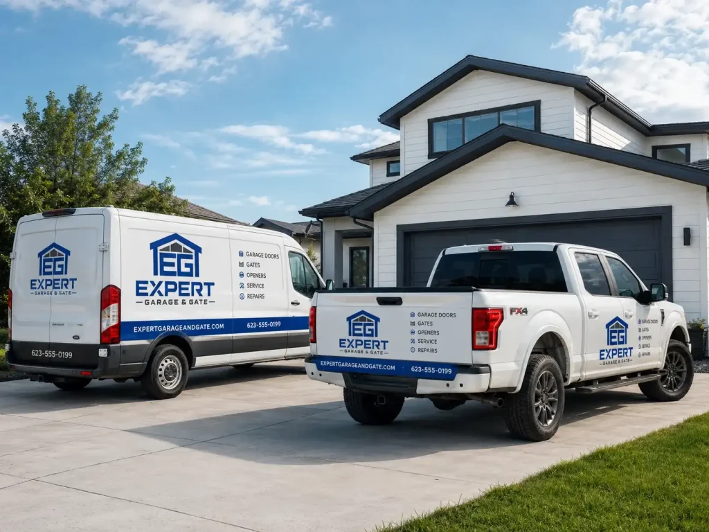 Mockup of a service van and pickup truck wrapped with Expert Garage & Gate branding