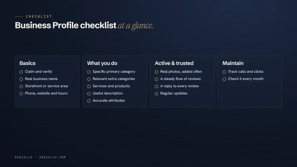 Google Business Profile checklist showing 15 steps grouped into basics, services, trust and maintenance