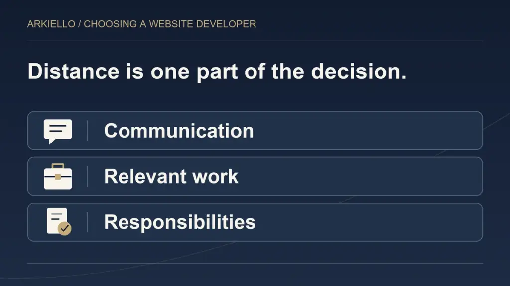 Three considerations when comparing local and remote website developers: communication, relevant work and responsibilities.