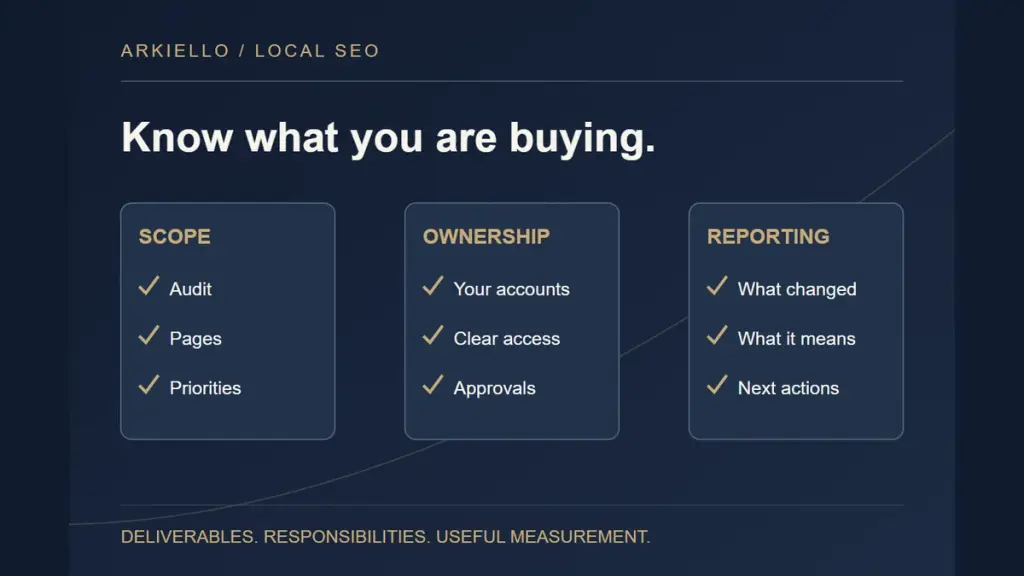 Three parts to compare in a local SEO proposal: scope, ownership and reporting