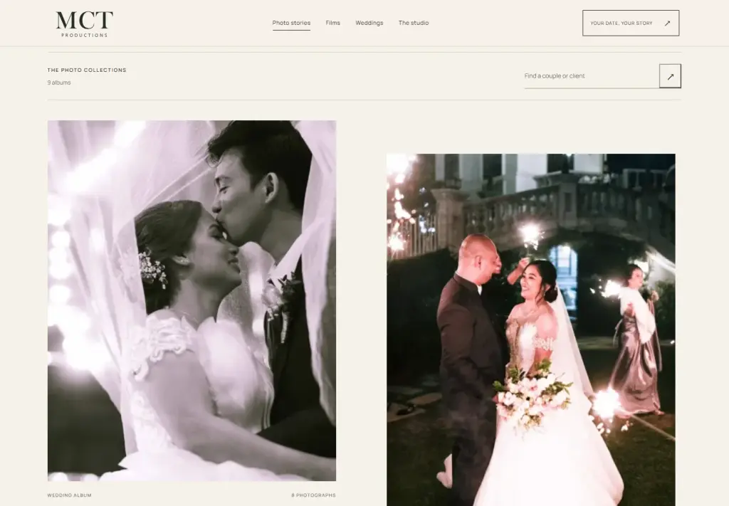 MCT Productions photo collection page preview with searchable wedding albums and large couple photographs