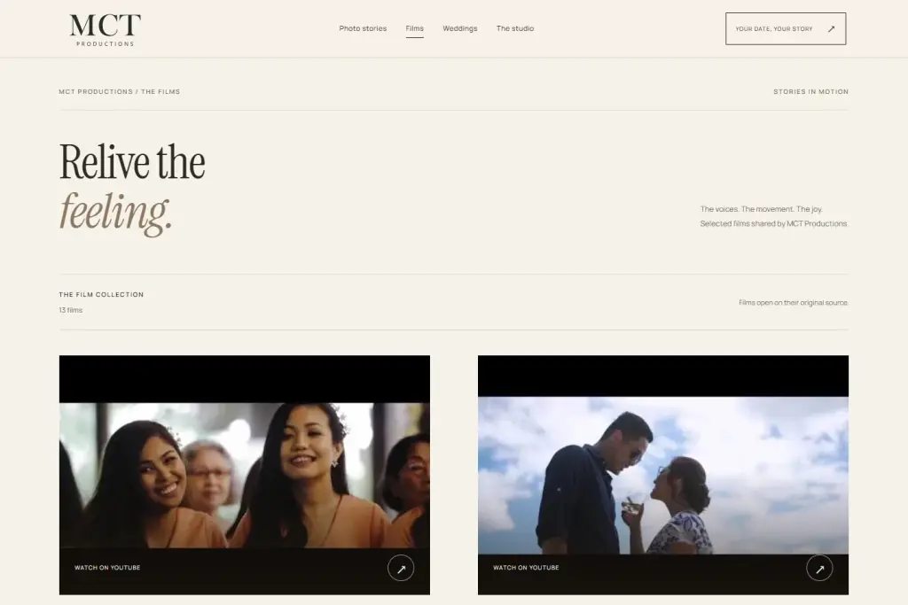 MCT Productions film library preview with wedding video covers and links to the original film sources