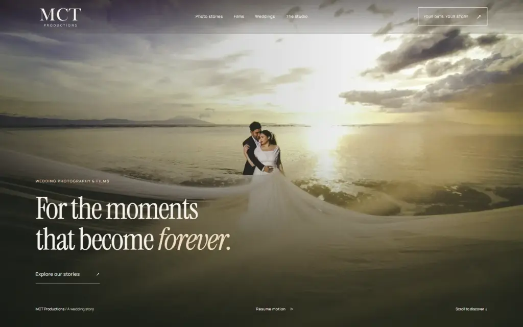 MCT Productions website preview with a beach wedding photograph, MCT wordmark and the headline For the moments that become forever