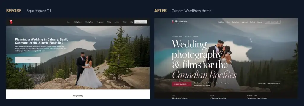 Before and after: the old Squarespace homepage beside the redesigned WordPress homepage, both showing the same couple at Peyto Lake