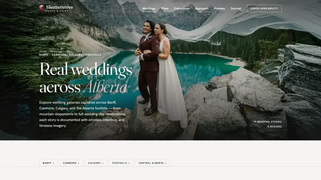 Redesigned Shuttersteve wedding gallery page with region filters for Banff, Canmore, Calgary, Foothills and Central Alberta