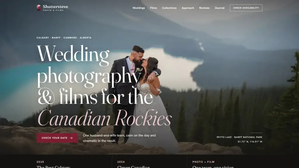Redesigned Shuttersteve Photo & Films homepage with the headline Wedding photography and films for the Canadian Rockies over a couple at Peyto Lake
