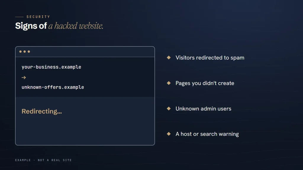 Generic example browser redirect from your-business.example to unknown-offers.example beside four signs of a hacked website