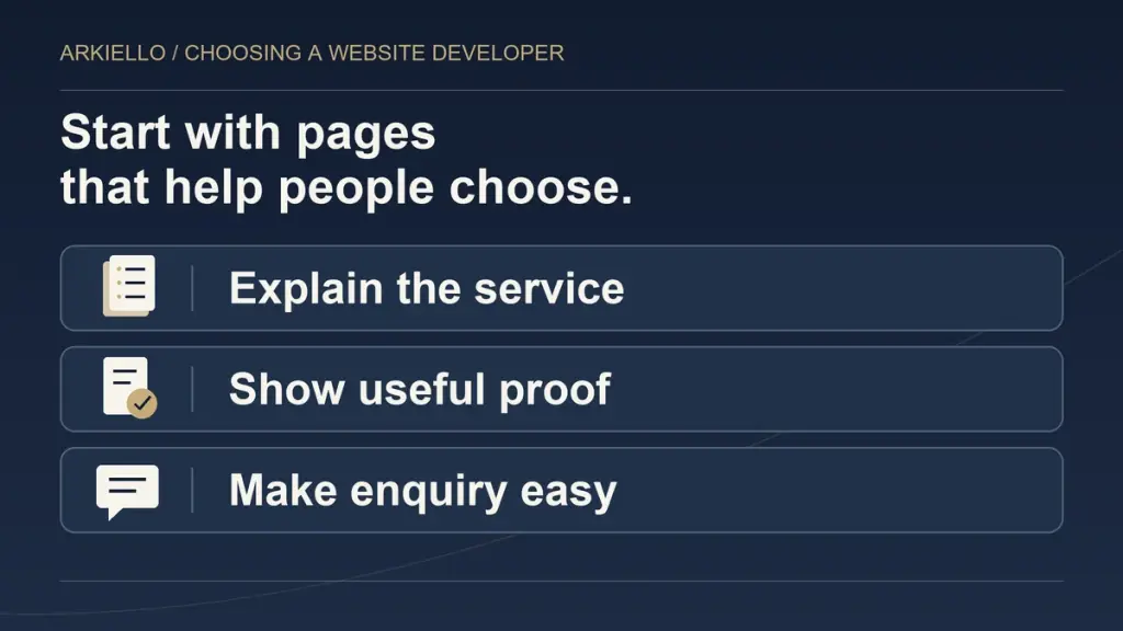 Three jobs for a small business website: explain the service, show useful proof and make an enquiry easy.