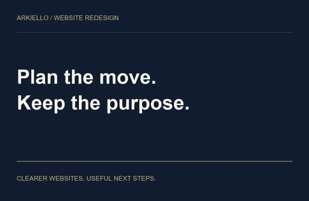Plan the move. Keep the purpose. ARKIELLO website redesign guide cover