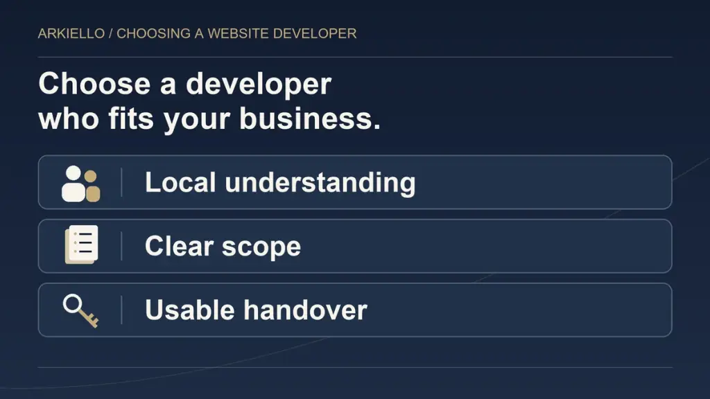 Three considerations when choosing a website developer: local understanding, clear scope and a usable handover.