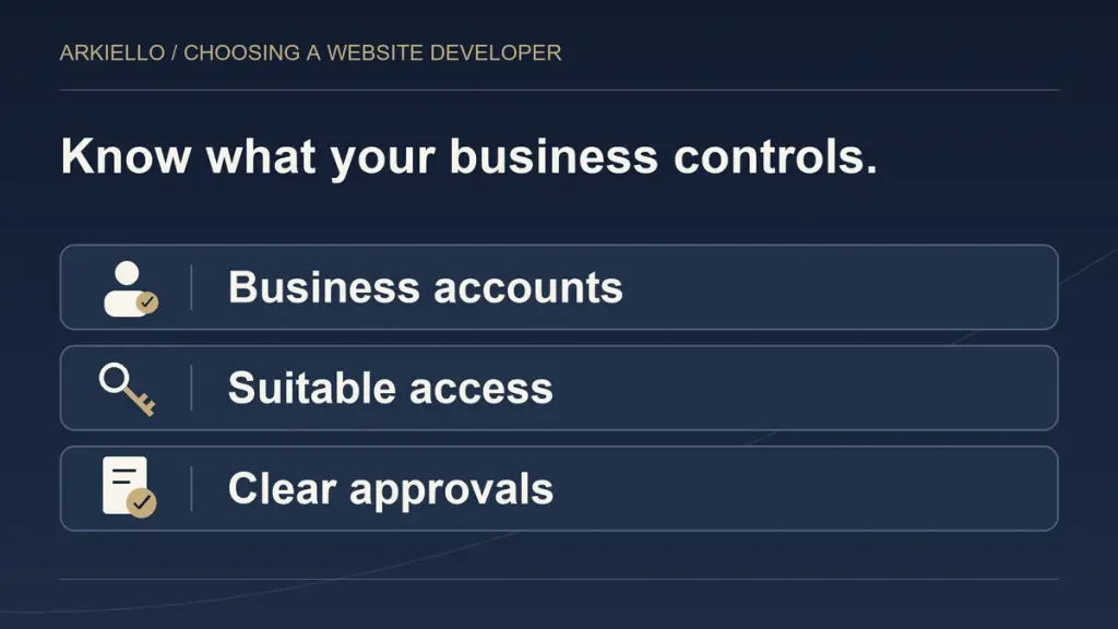 Three matters to agree before hiring a website developer: business accounts, suitable access and clear approvals.
