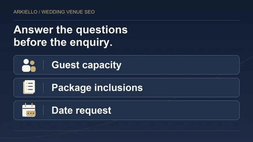 Three things a wedding venue package page can explain: guest capacity, package inclusions and how to request a date.